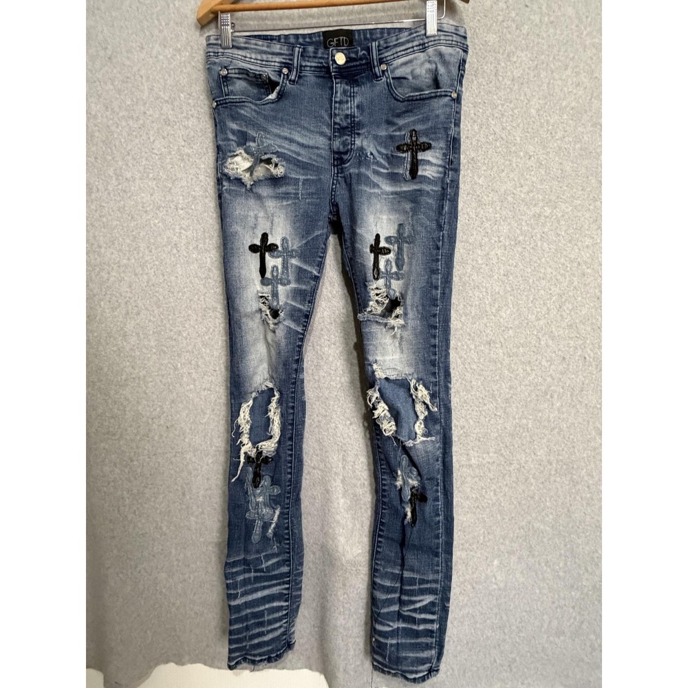 GFTD Jeans Mens 32x31 Blue Medium Wash Skinny Distressed Embroidered Cross Denim